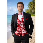 Hawaiian Red Hibiscus Tuxedo Vest & Tie Set – Elegant Tropical Style for Summer Weddings